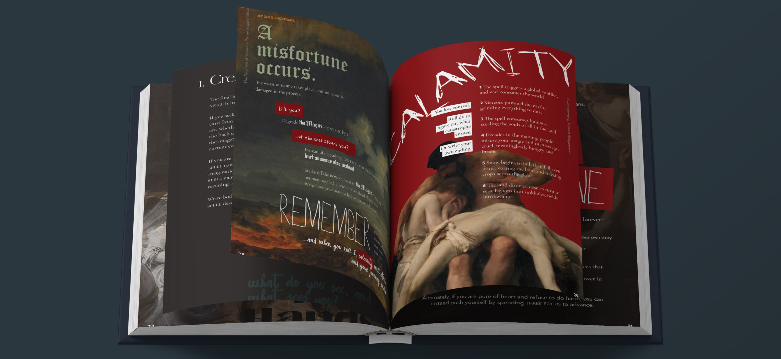 A mockup of a book showing pages from The Magus. The layout features public domain paintings, serving as a backdrop for a dynamic typography utilizing blackletter and scratchy fonts.