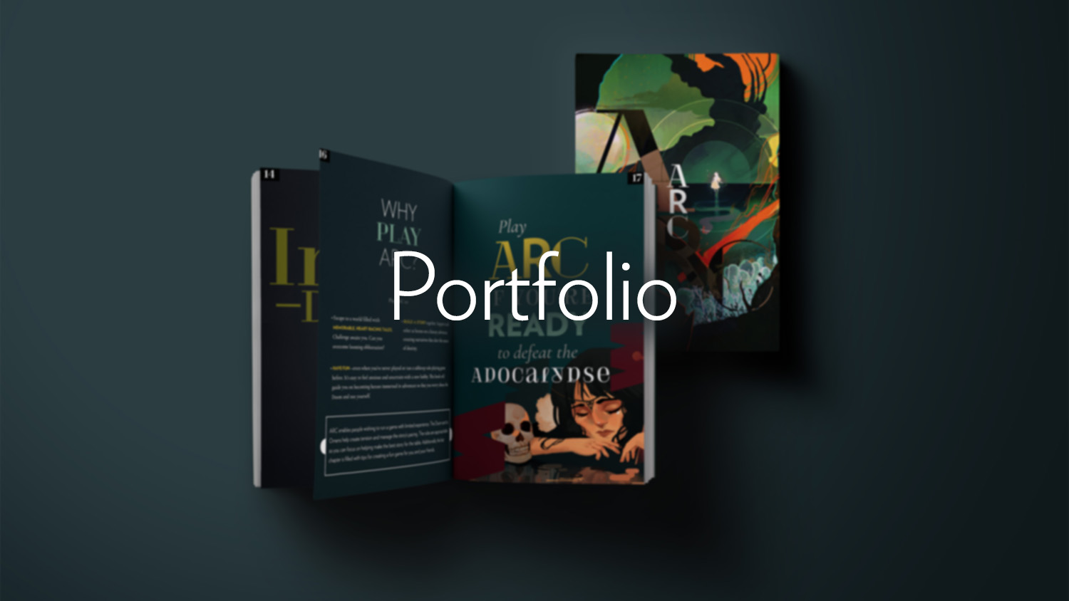 A banner that says "Portfolio". The text is overlaid on top of a blurry mockup of an RPG book.